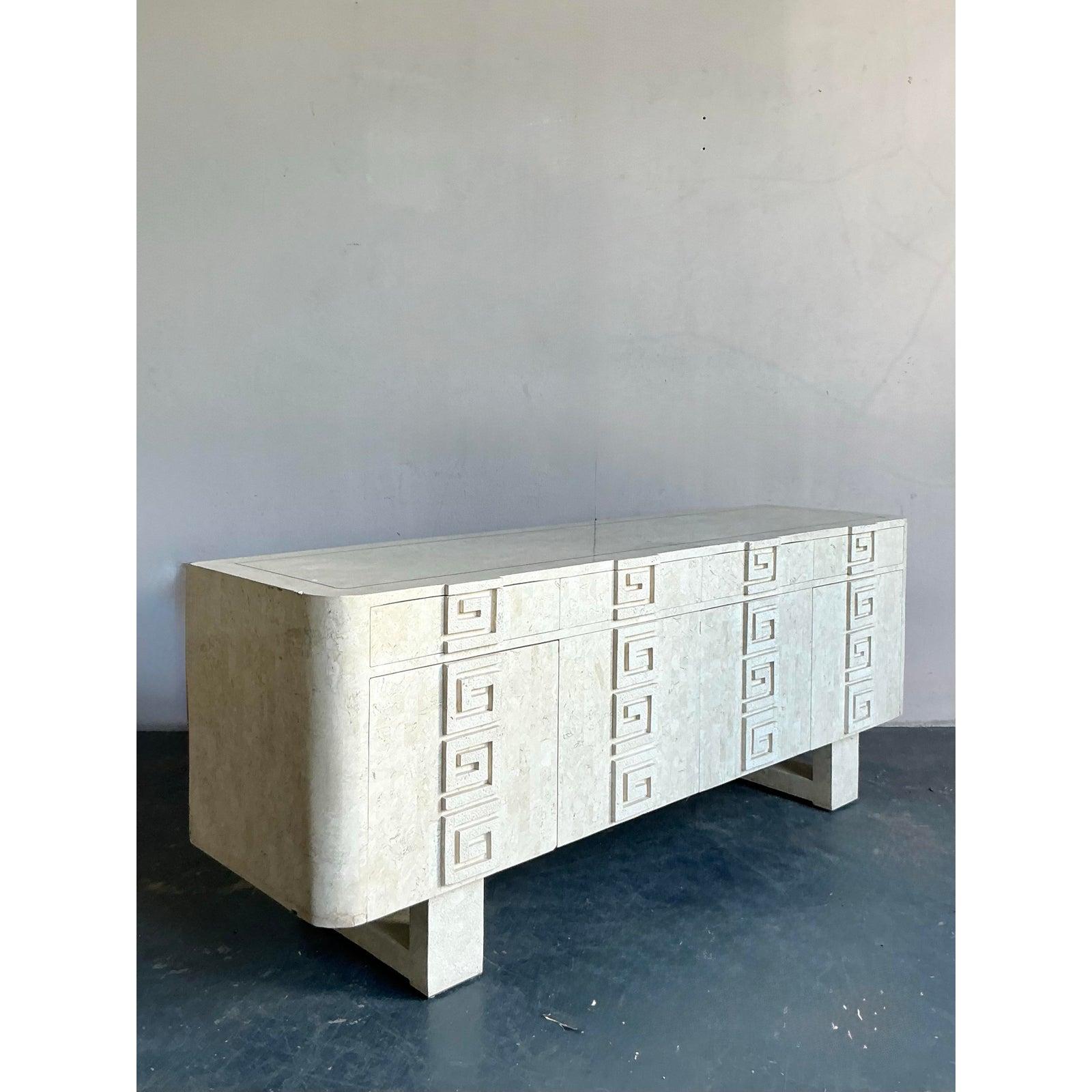 Vintage Boho Kittenger Greek Key Stone Credenza In Good Condition For Sale In West Palm Beach, FL