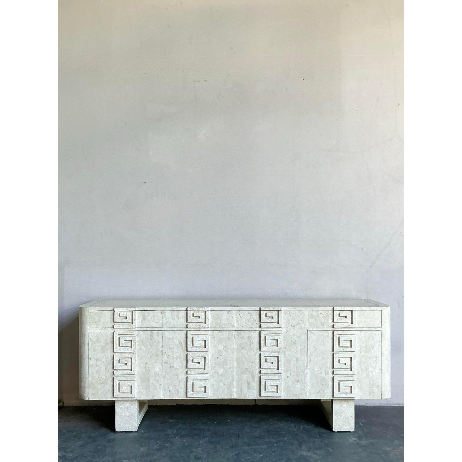20th Century Vintage Boho Kittenger Greek Key Stone Credenza For Sale