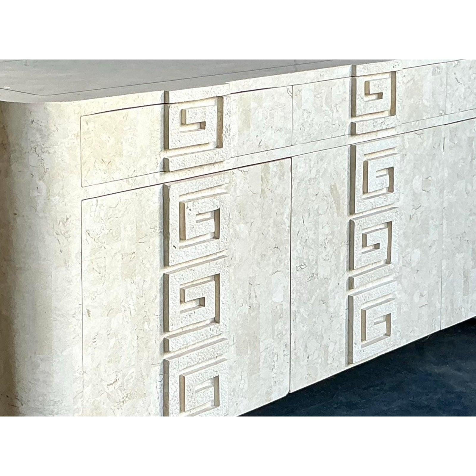 Vintage Boho Kittenger Greek Key Stone Credenza For Sale 1
