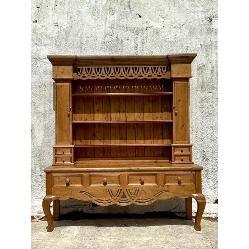Vintage Boho Knotty Pine Carved Hutch In Good Condition For Sale In west palm beach, FL