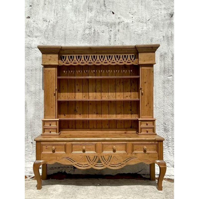 20th Century Vintage Boho Knotty Pine Carved Hutch For Sale