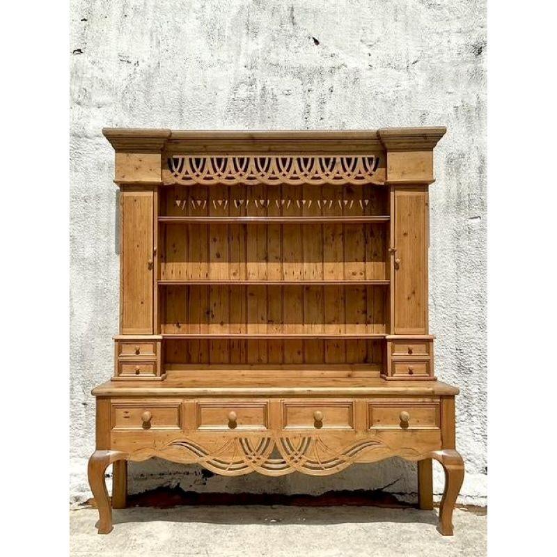 Vintage Boho Knotty Pine Carved Hutch For Sale 3