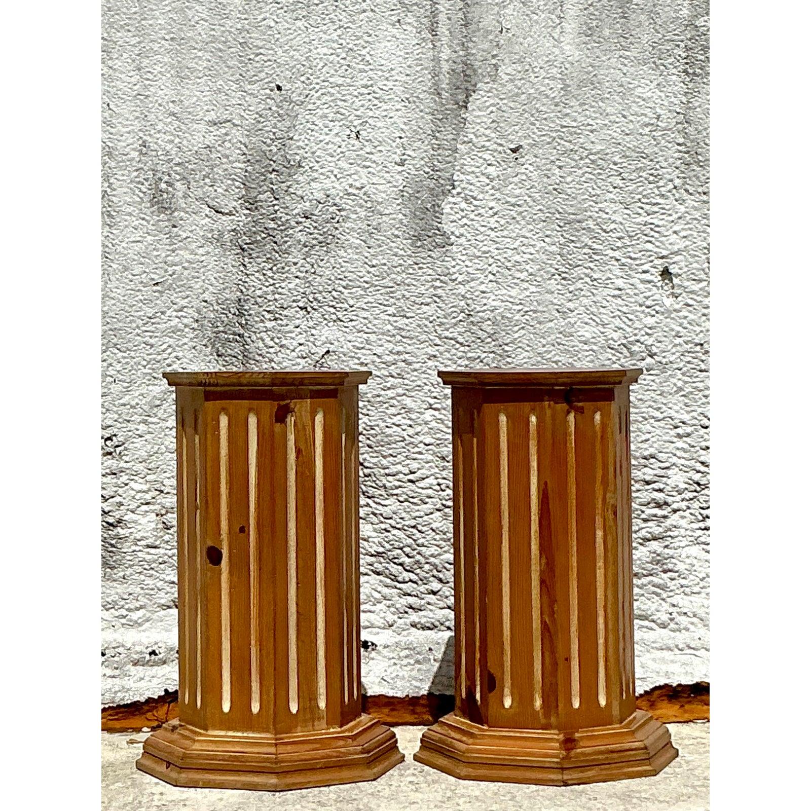 Vintage Boho Knotty Pine Column Pedestals - Set of 2 For Sale 5