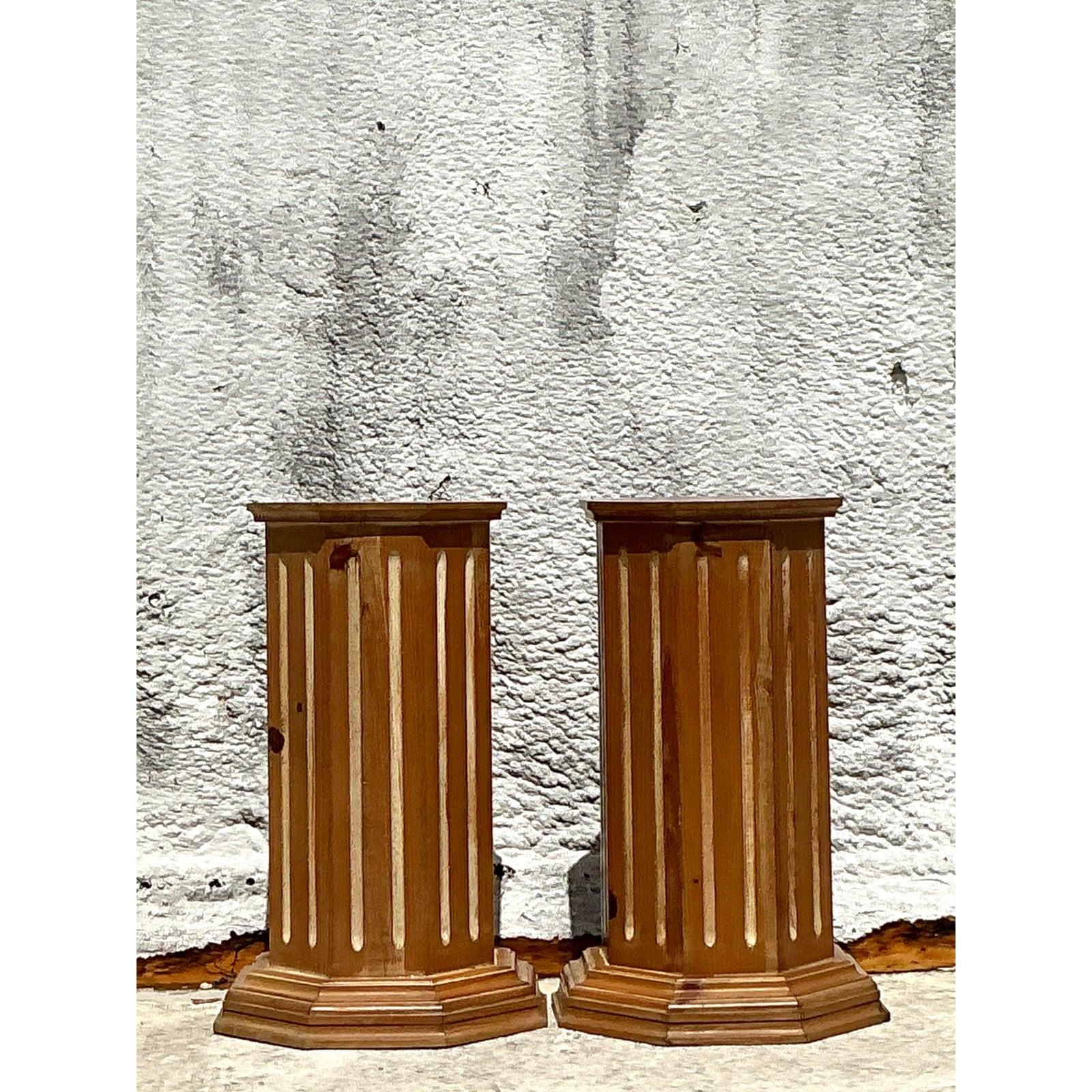 Vintage Boho Knotty Pine Column Pedestals - Set of 2 For Sale 6