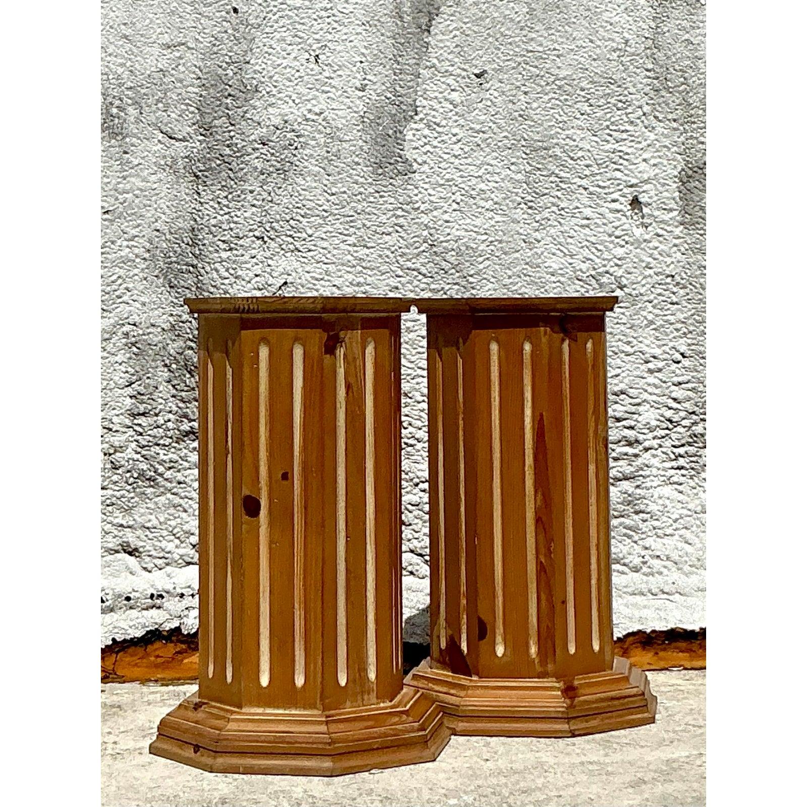 American Vintage Boho Knotty Pine Column Pedestals - Set of 2 For Sale