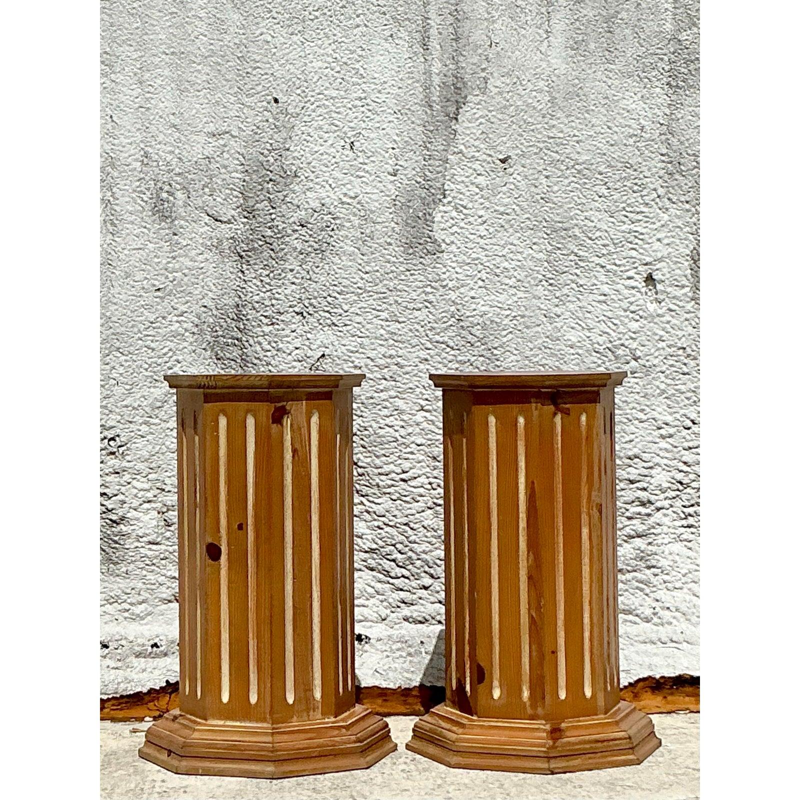Vintage Boho Knotty Pine Column Pedestals - Set of 2 In Good Condition For Sale In west palm beach, FL
