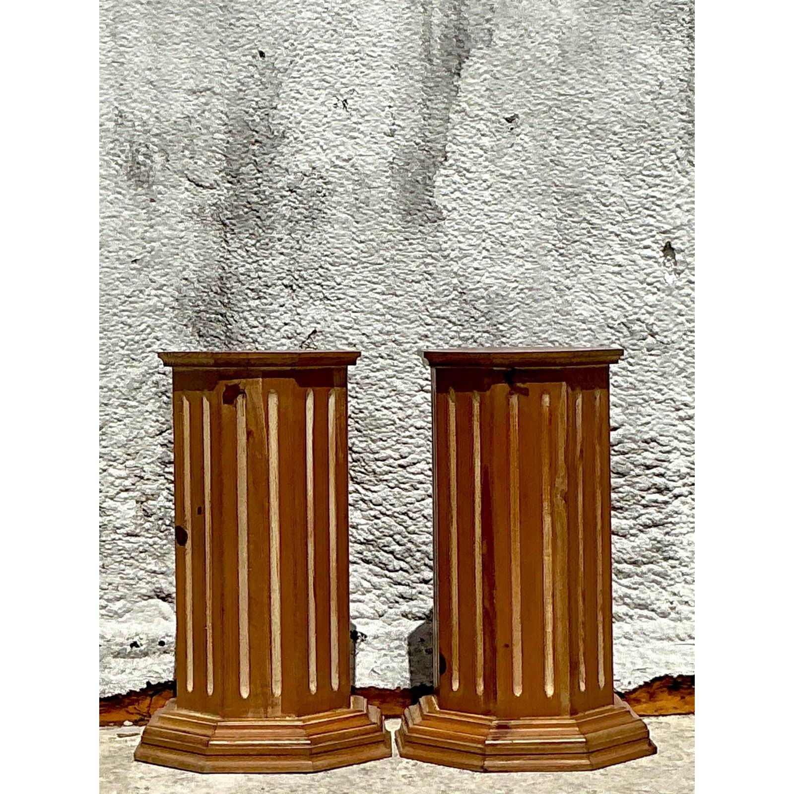 Vintage Boho Knotty Pine Column Pedestals - Set of 2 For Sale 3