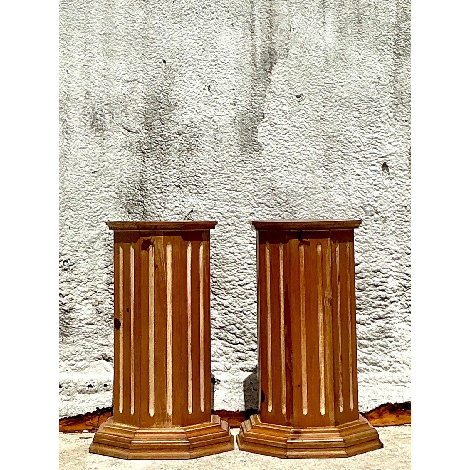 Vintage Boho Knotty Pine Column Pedestals - Set of 2 For Sale 4