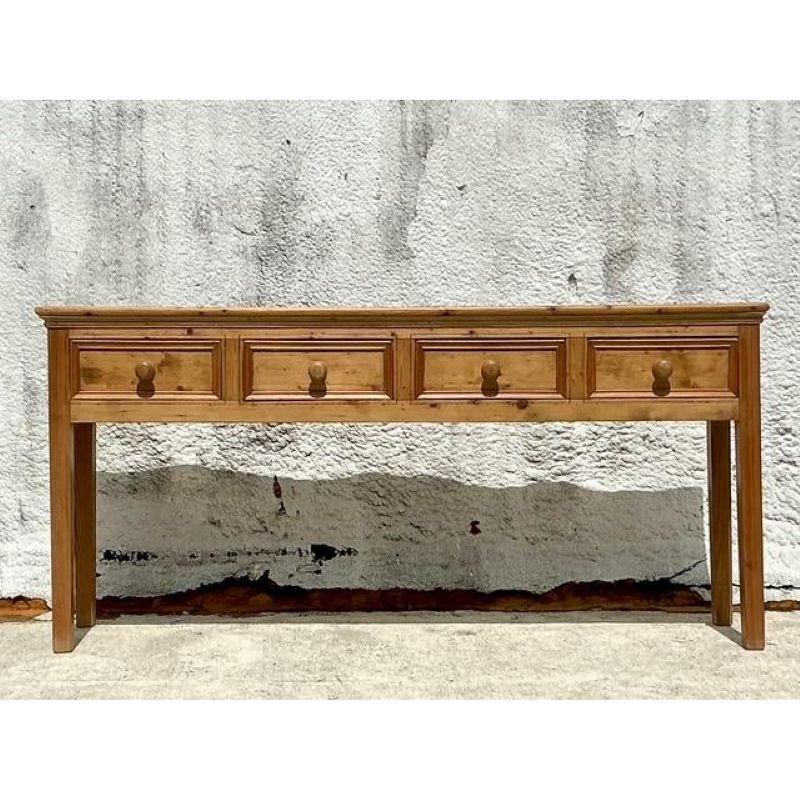 American Vintage Boho Knotty Pine Console Table For Sale