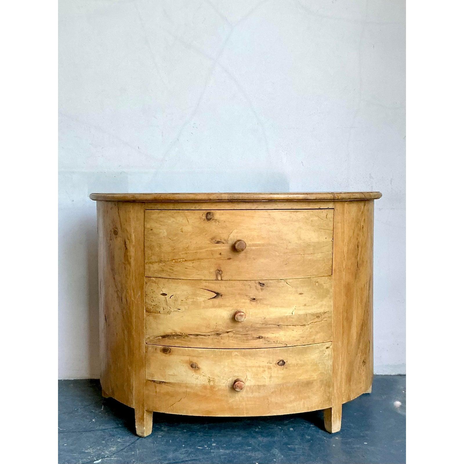 American Vintage Boho Knotty Pine Demilune Chest of Drawers For Sale