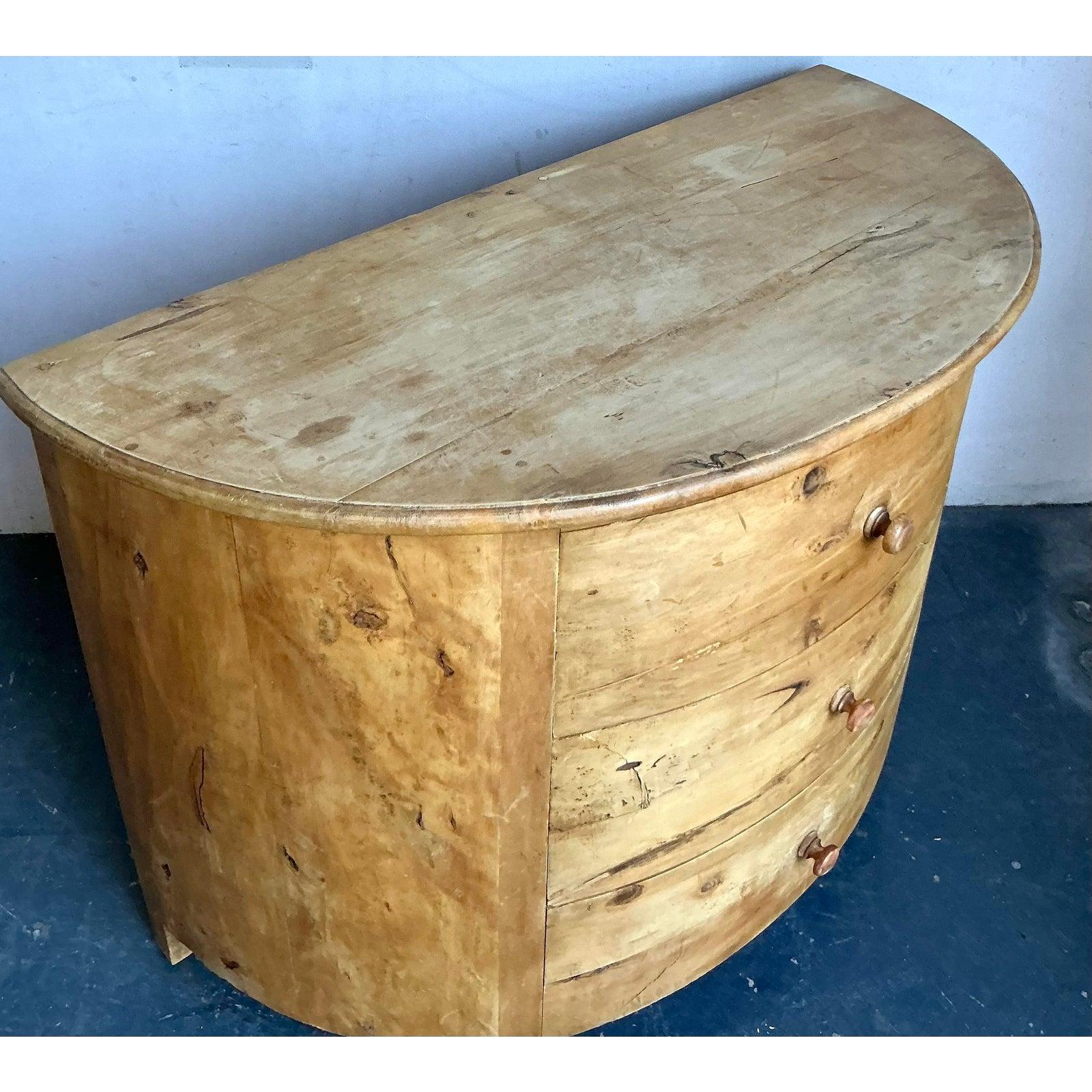 20th Century Vintage Boho Knotty Pine Demilune Chest of Drawers For Sale