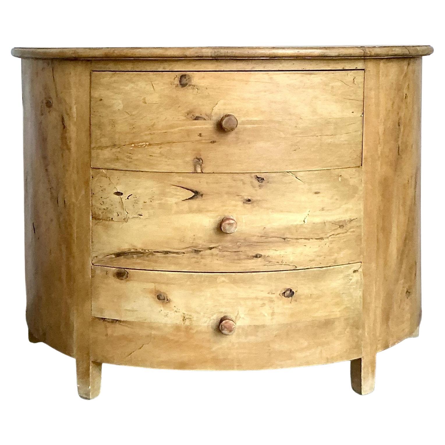 Vintage Boho Knotty Pine Demilune Chest of Drawers For Sale