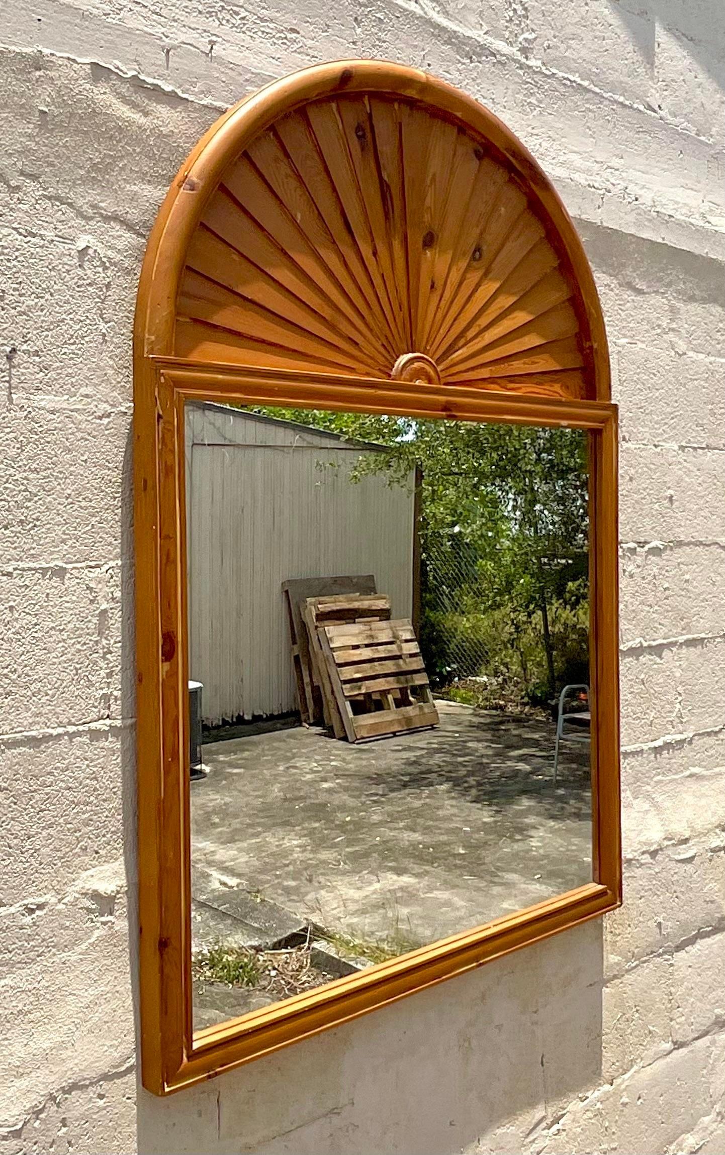 Bohemian Vintage Boho Knotty Pine Fan Top Mirror For Sale