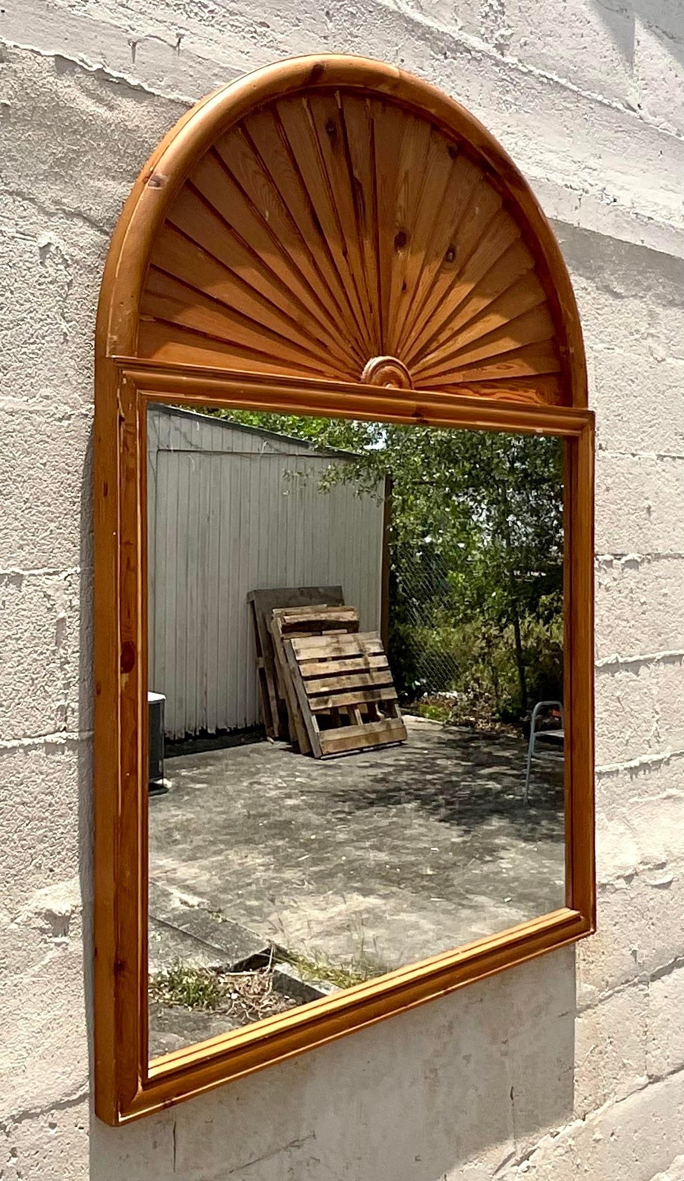 Vintage Boho Knotty Pine Fan Top Mirror In Good Condition For Sale In west palm beach, FL
