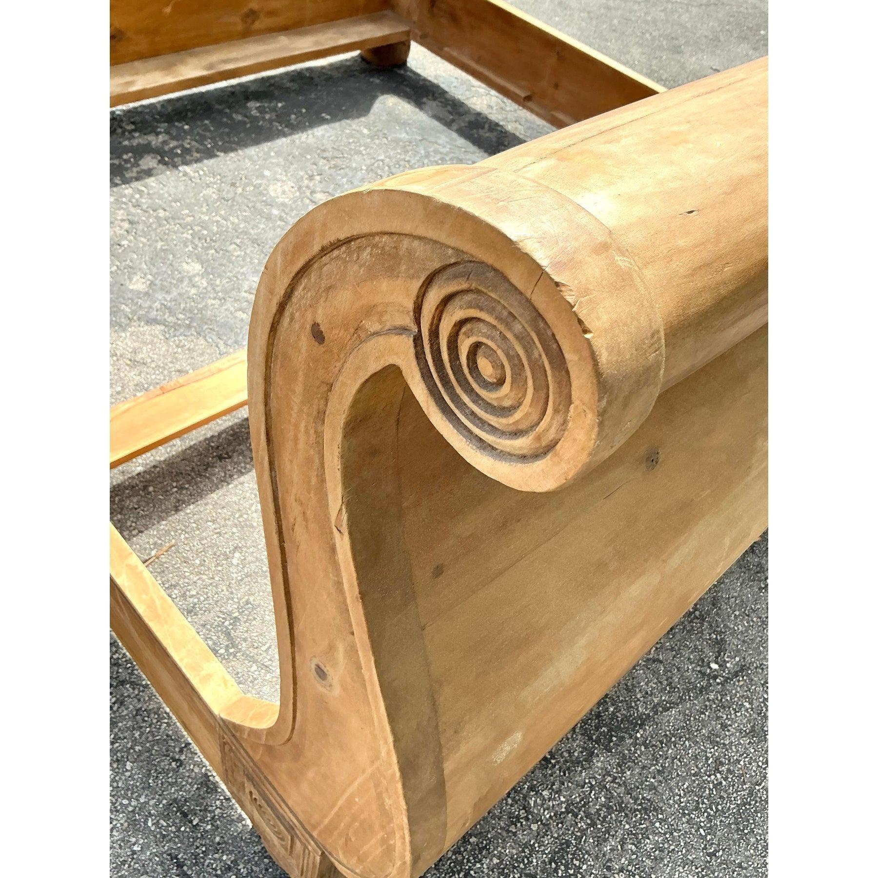 Vintage Boho Knotty Pine King Sleigh Bed 5