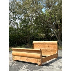 Vintage Boho Knotty Pine King Sleigh Bed
