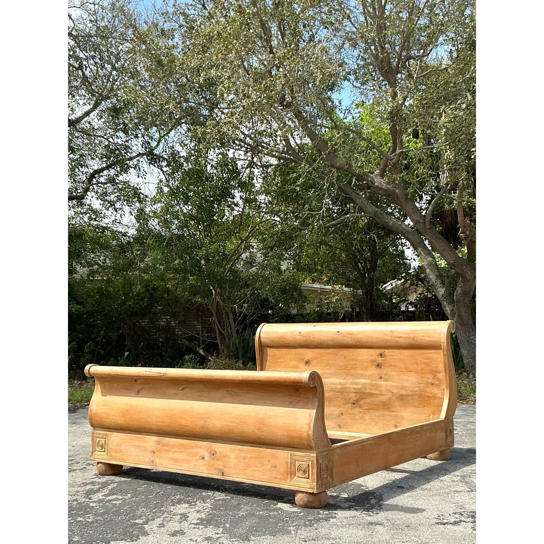 Vintage Boho Knotty Pine King Sleigh Bed In Good Condition In West Palm Beach, FL