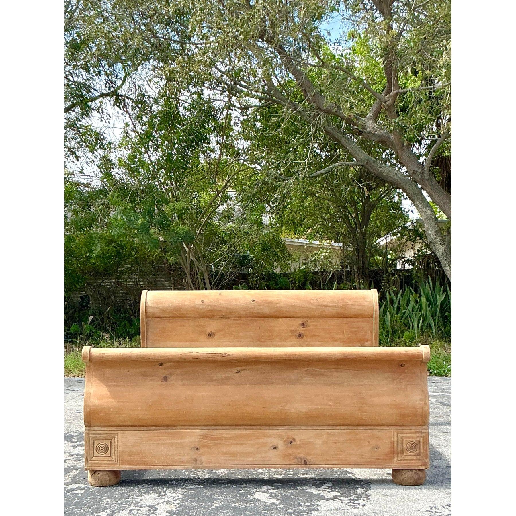 Vintage Boho Knotty Pine King Sleigh Bed 1