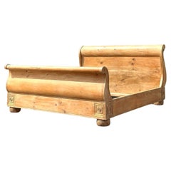 Vintage Boho Knotty Pine King Sleigh Bed