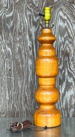 Vintage Boho Knotty Pine Turned Table Lamp