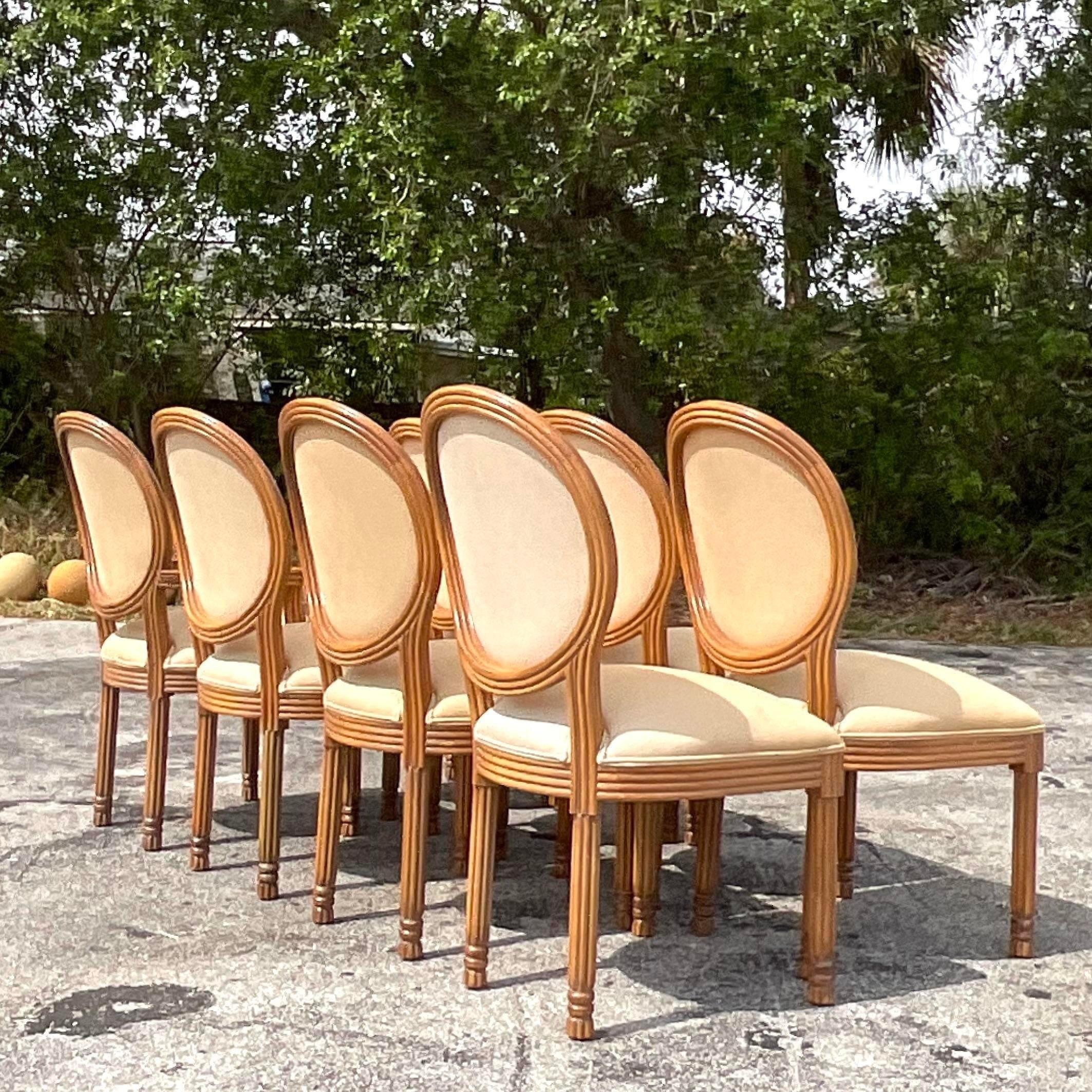 Upholstery Vintage Boho Kreiss Collection Carved Dining Chairs - Set of 10 For Sale