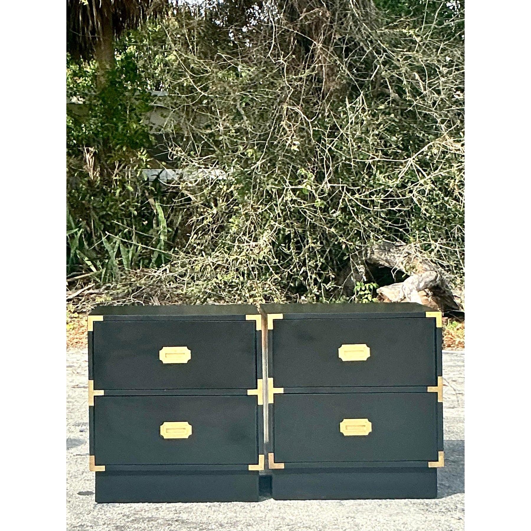 Vintage Boho Lacquered Campaign Nightstands - a Pair In Good Condition For Sale In west palm beach, FL