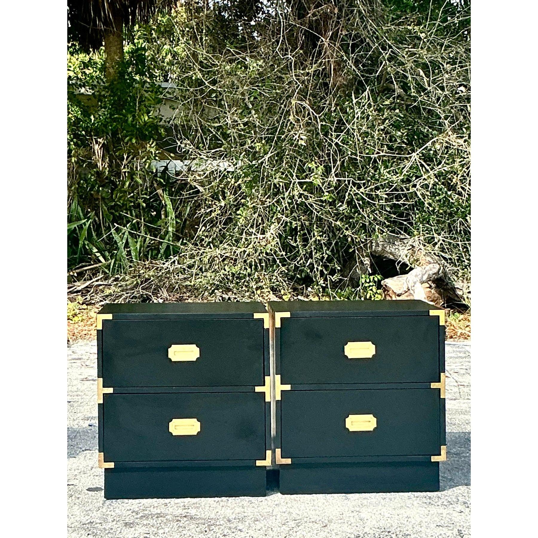 Brass Vintage Boho Lacquered Campaign Nightstands - a Pair For Sale