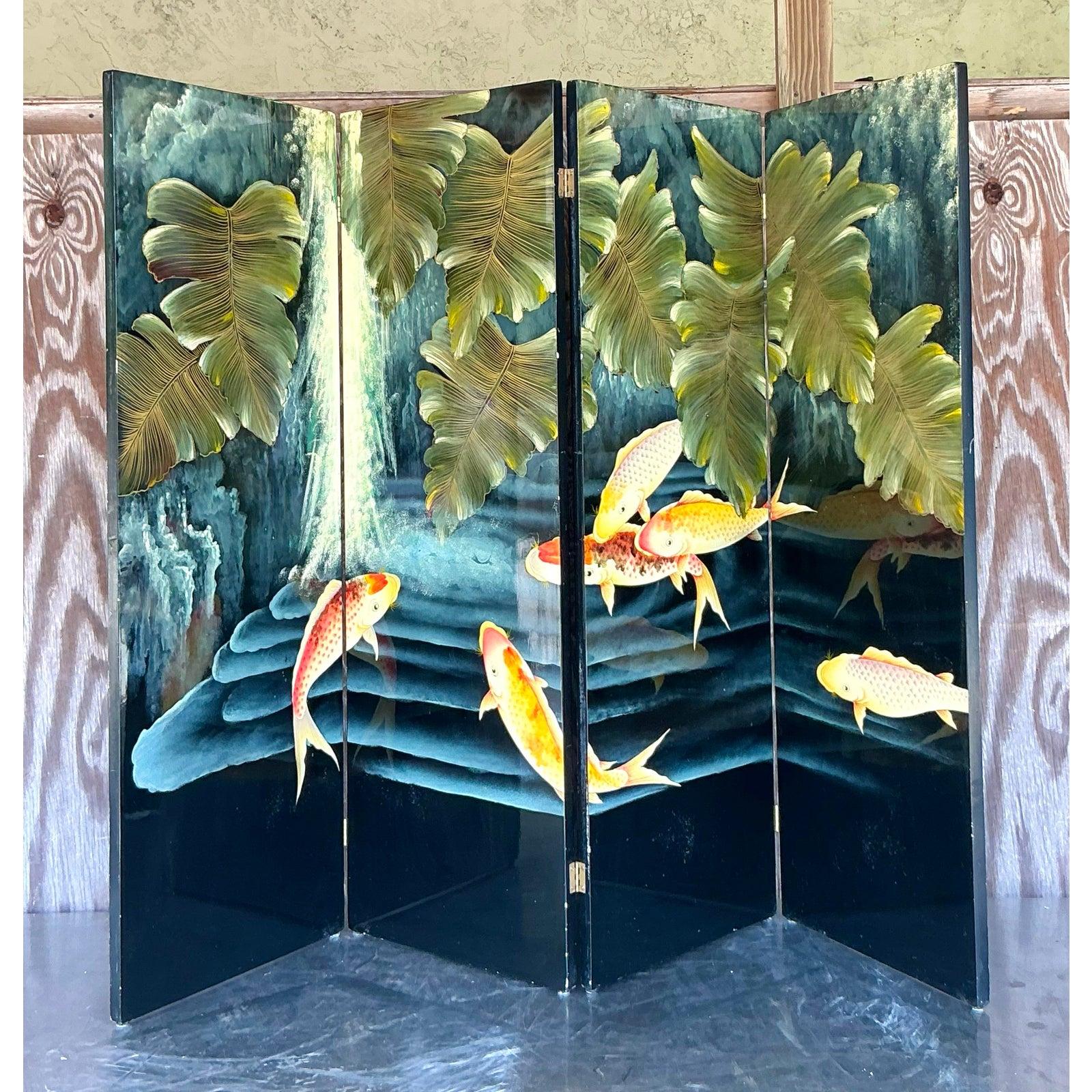 Bois Paravent Vintage Boho Laqué Koi en vente