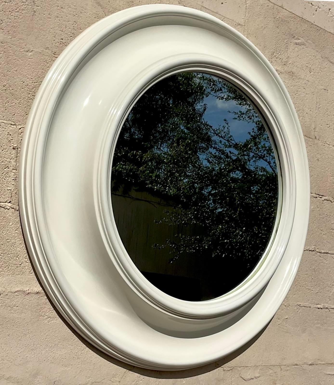 American Vintage Boho Lacquered Millwork Round Mirror For Sale