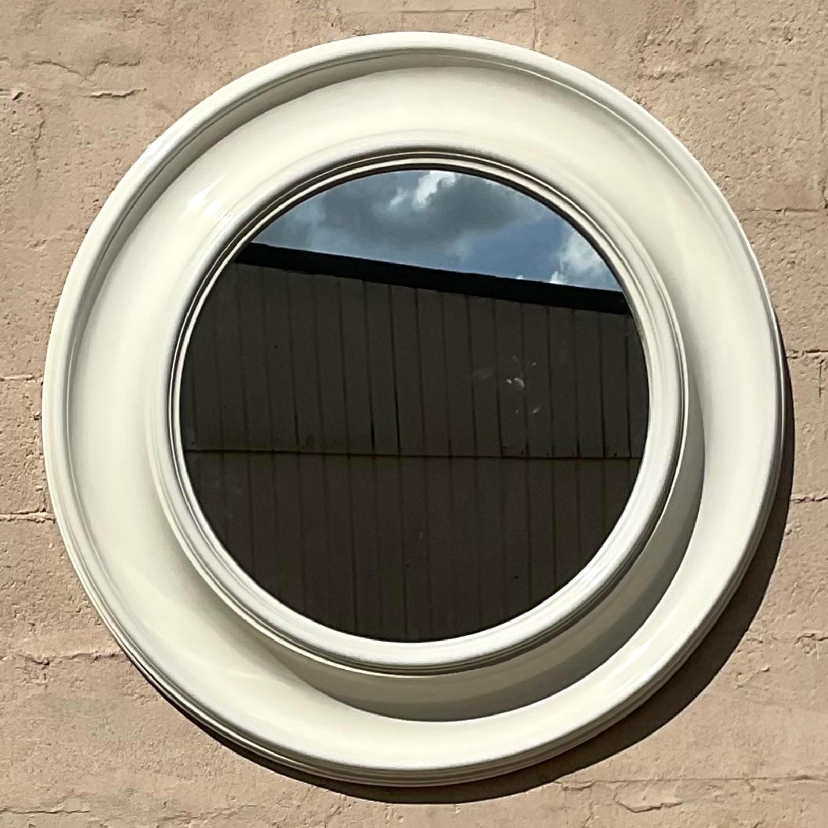 Vintage Boho Lacquered Millwork Round Mirror In Good Condition For Sale In west palm beach, FL
