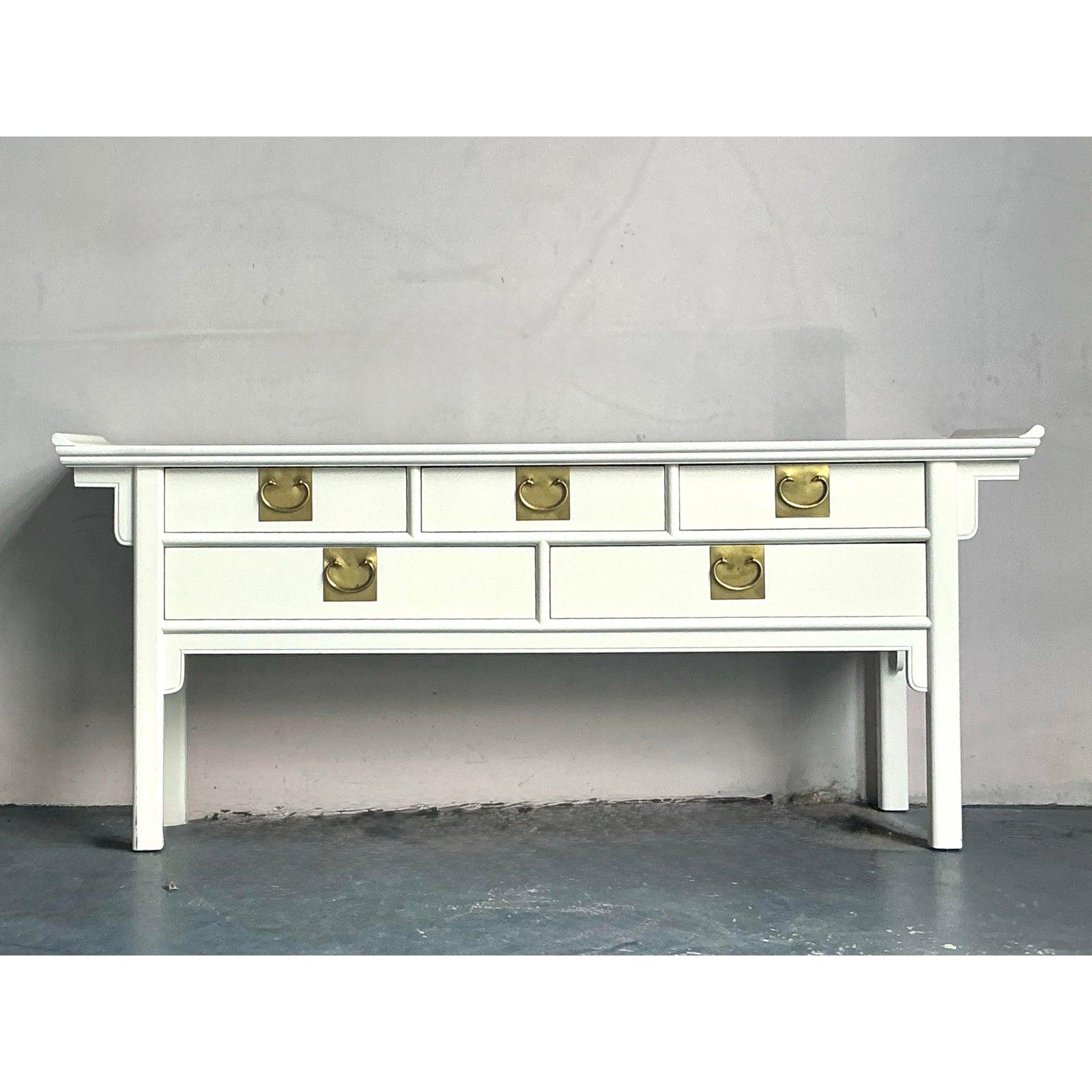 Hollywood Regency Vintage Boho Lacquered Pagoda Console Table For Sale