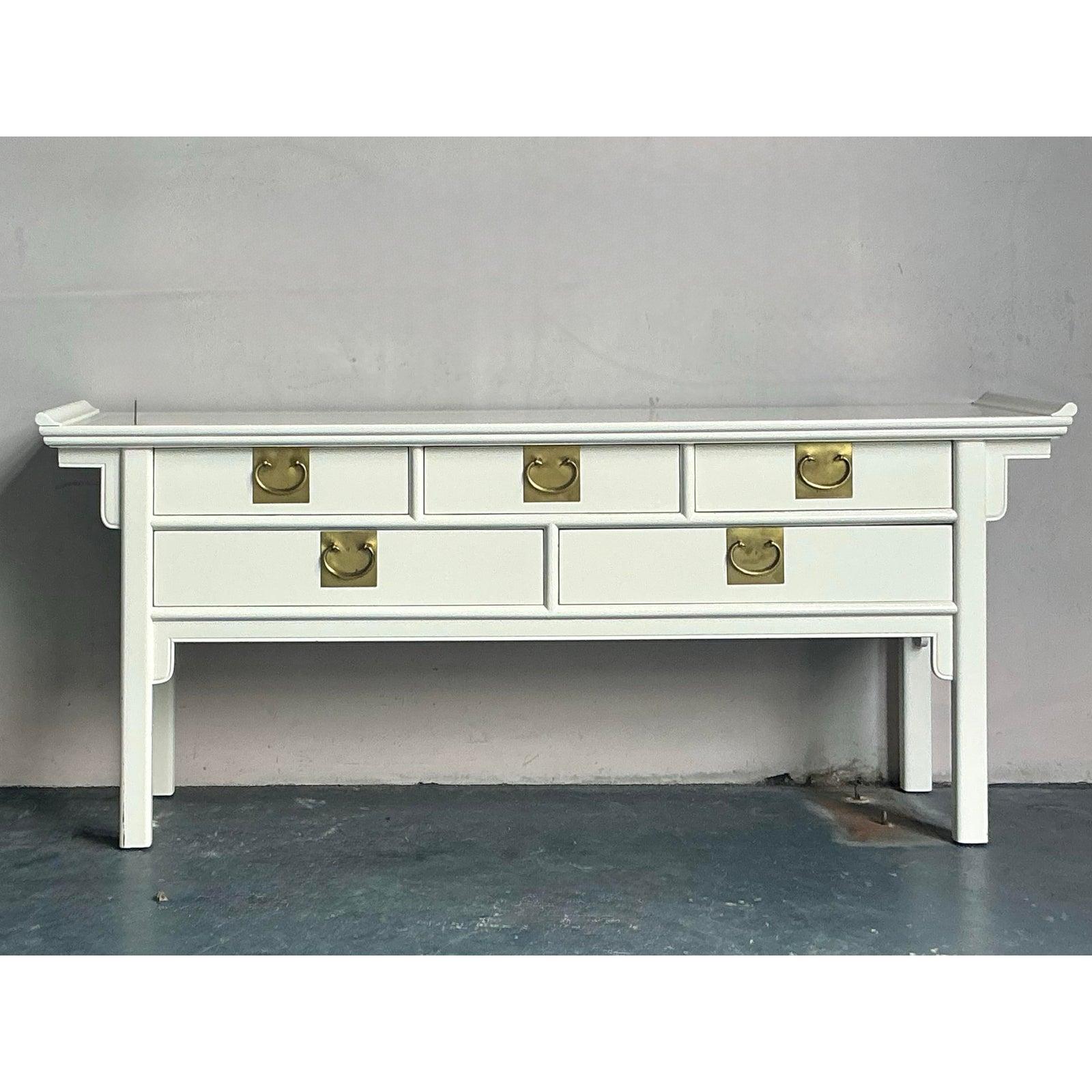 Brass Vintage Boho Lacquered Pagoda Console Table For Sale