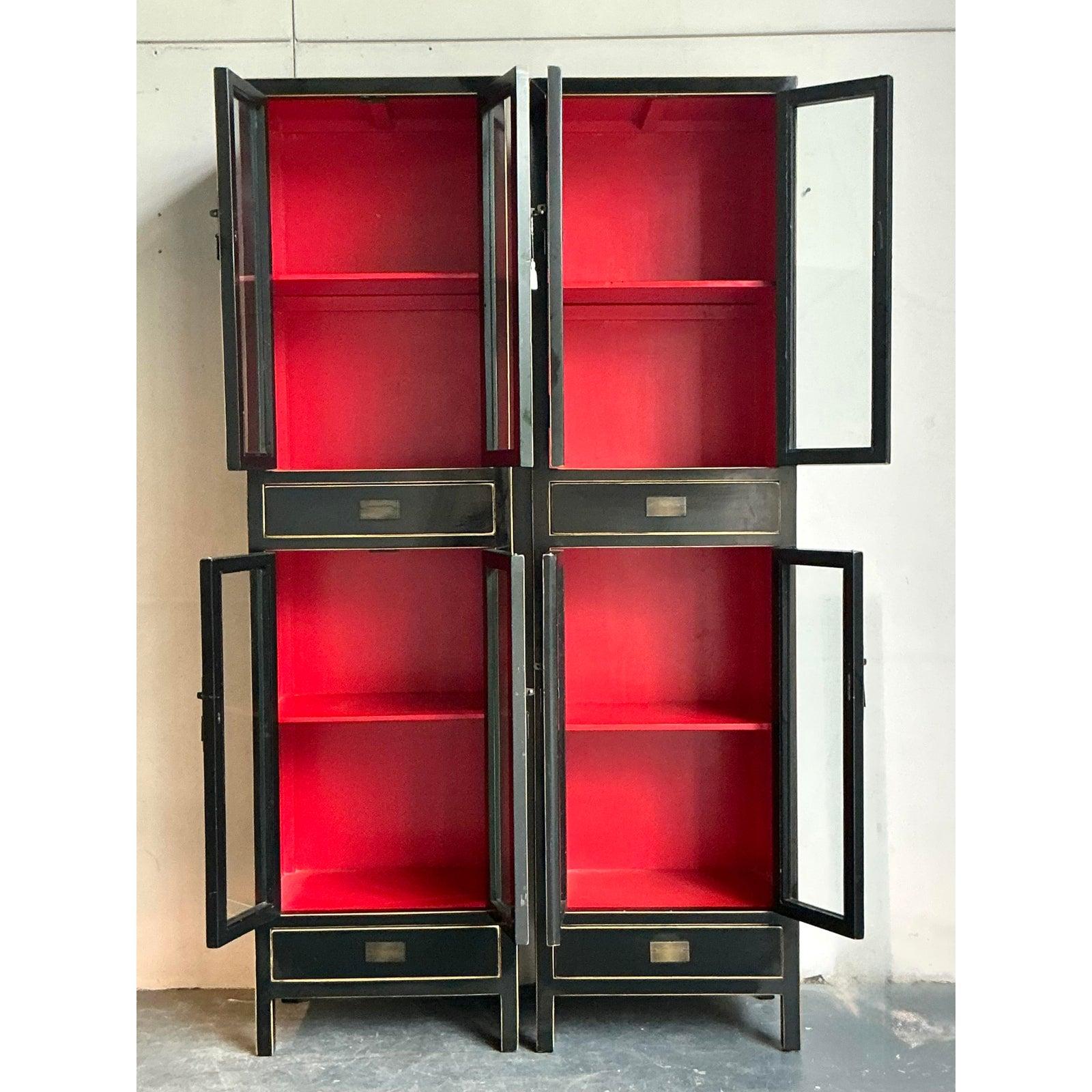 Chinoiserie Vintage Boho Lacquered Tall Cabinets - A Pair For Sale