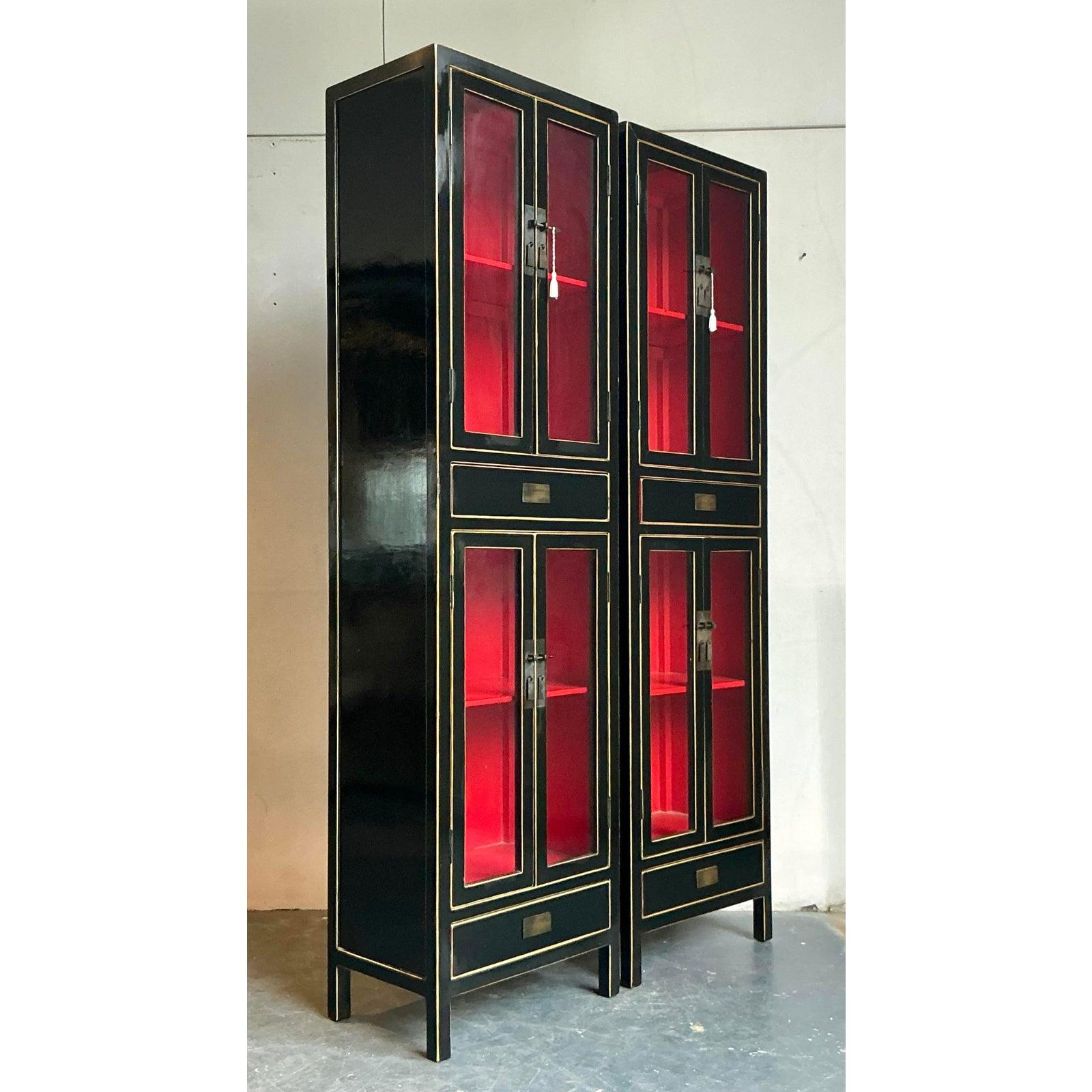 American Vintage Boho Lacquered Tall Cabinets - A Pair For Sale