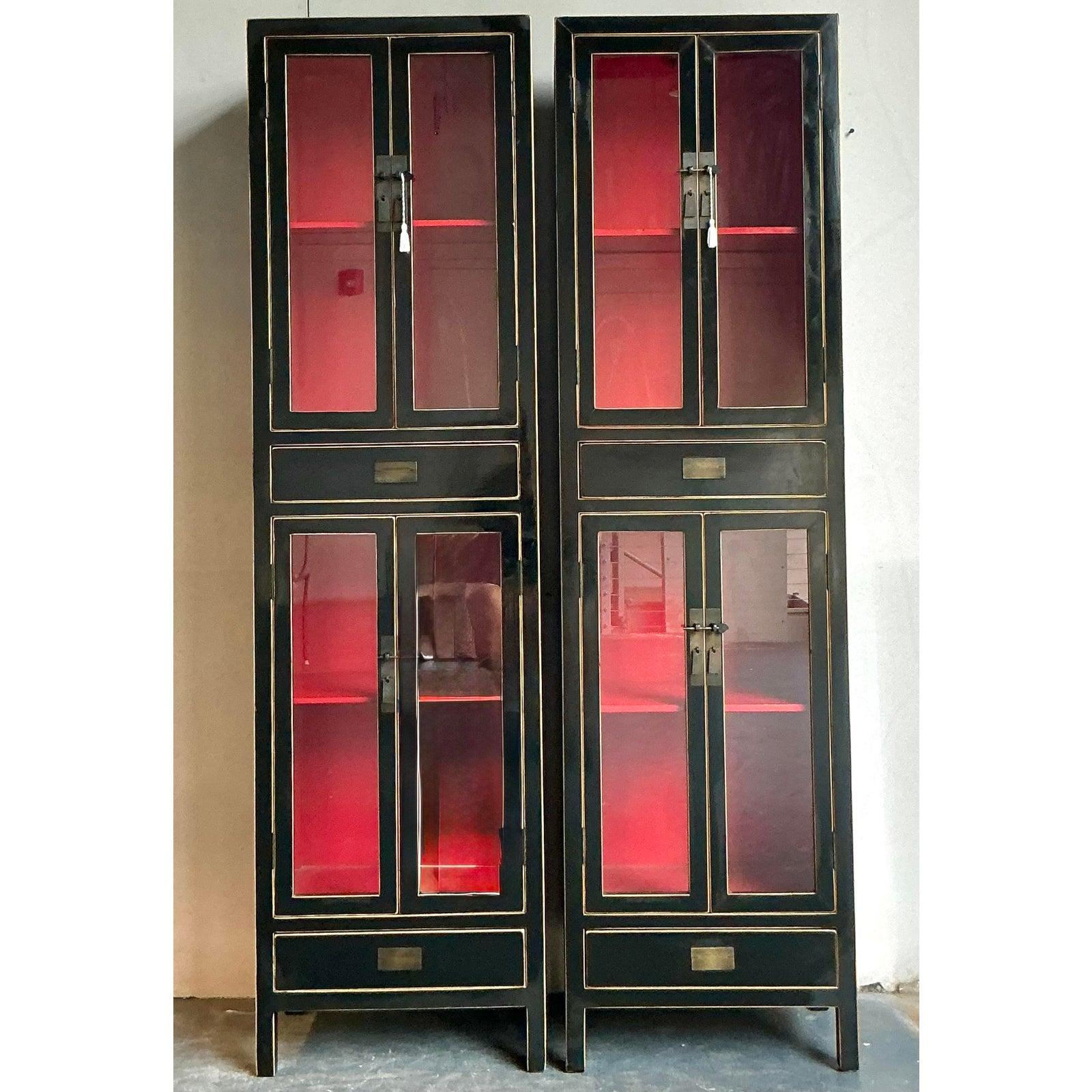 Vintage Boho Lacquered Tall Cabinets - A Pair In Good Condition For Sale In West Palm Beach, FL