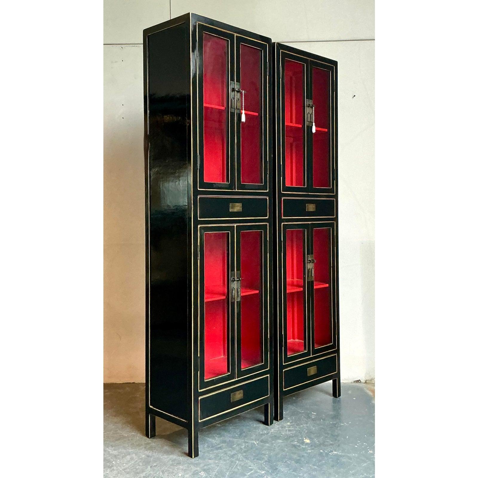 20th Century Vintage Boho Lacquered Tall Cabinets - A Pair For Sale