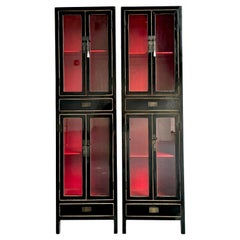 Vintage Boho Lacquered Tall Cabinets - A Pair