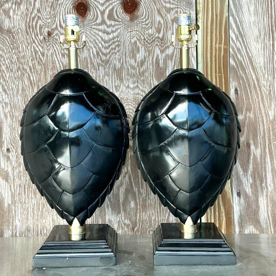 American Vintage Boho Lacquered Turtle Shell Lamps - a Pair For Sale