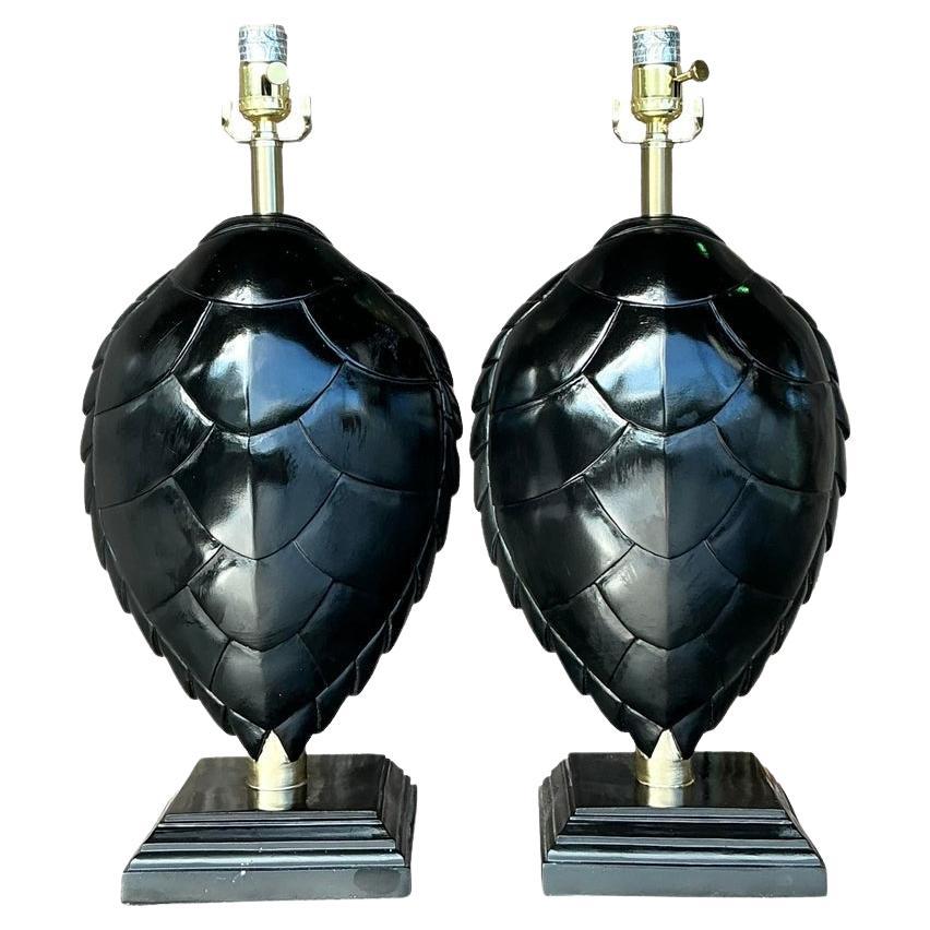 Vintage Boho Lacquered Turtle Shell Lamps - a Pair