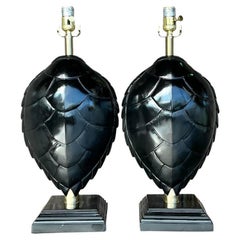 Vintage Boho Lacquered Turtle Shell Lamps - a Pair
