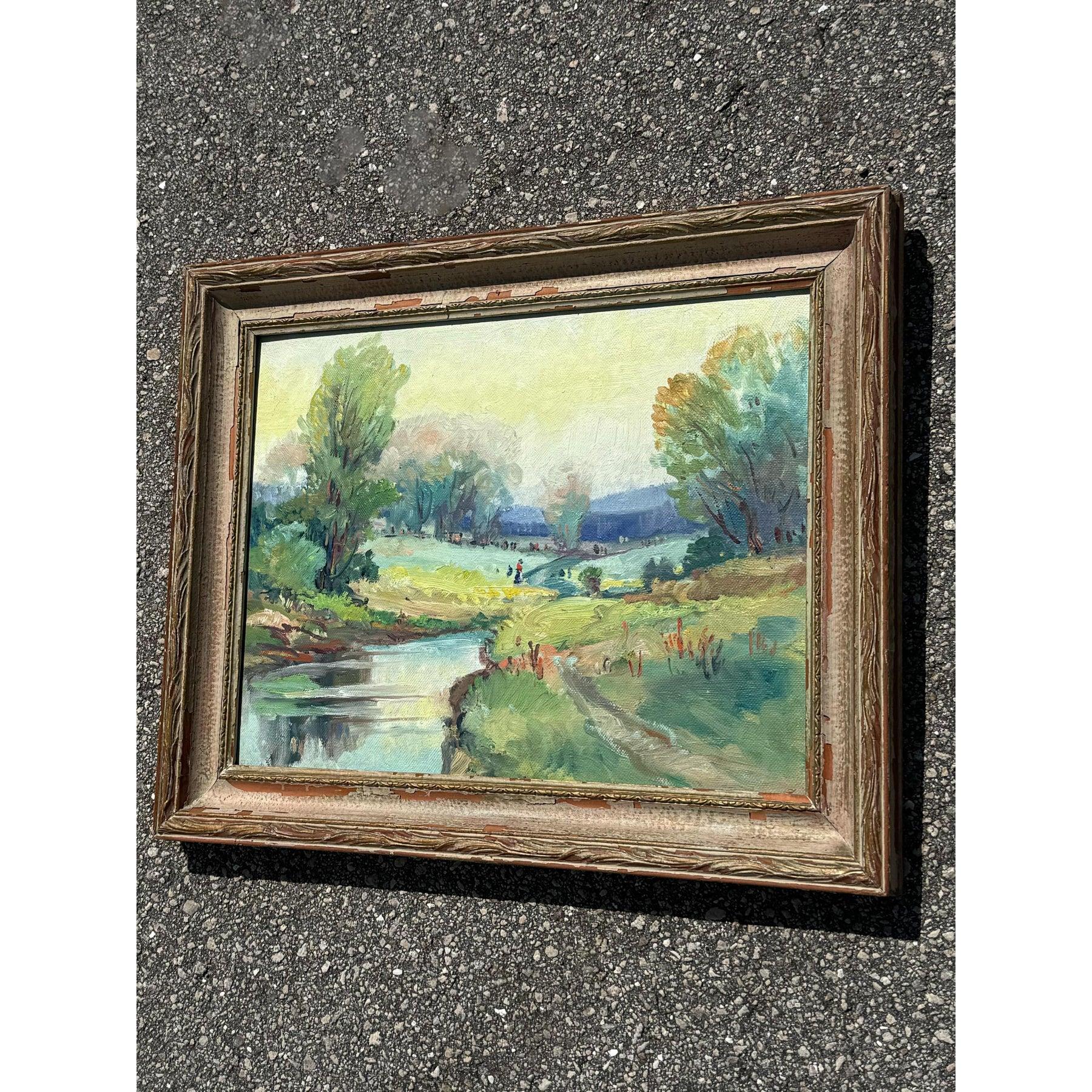Dieses wunderschön gerahmte Landschaftsgemälde fängt das ruhige Fließen eines Flusses ein, mit ausdrucksstarken, lockeren Pinselstrichen, die die natürlichen Elemente in einem impressionistischen Stil wiedergeben. Die Bäume und Gräser entlang des