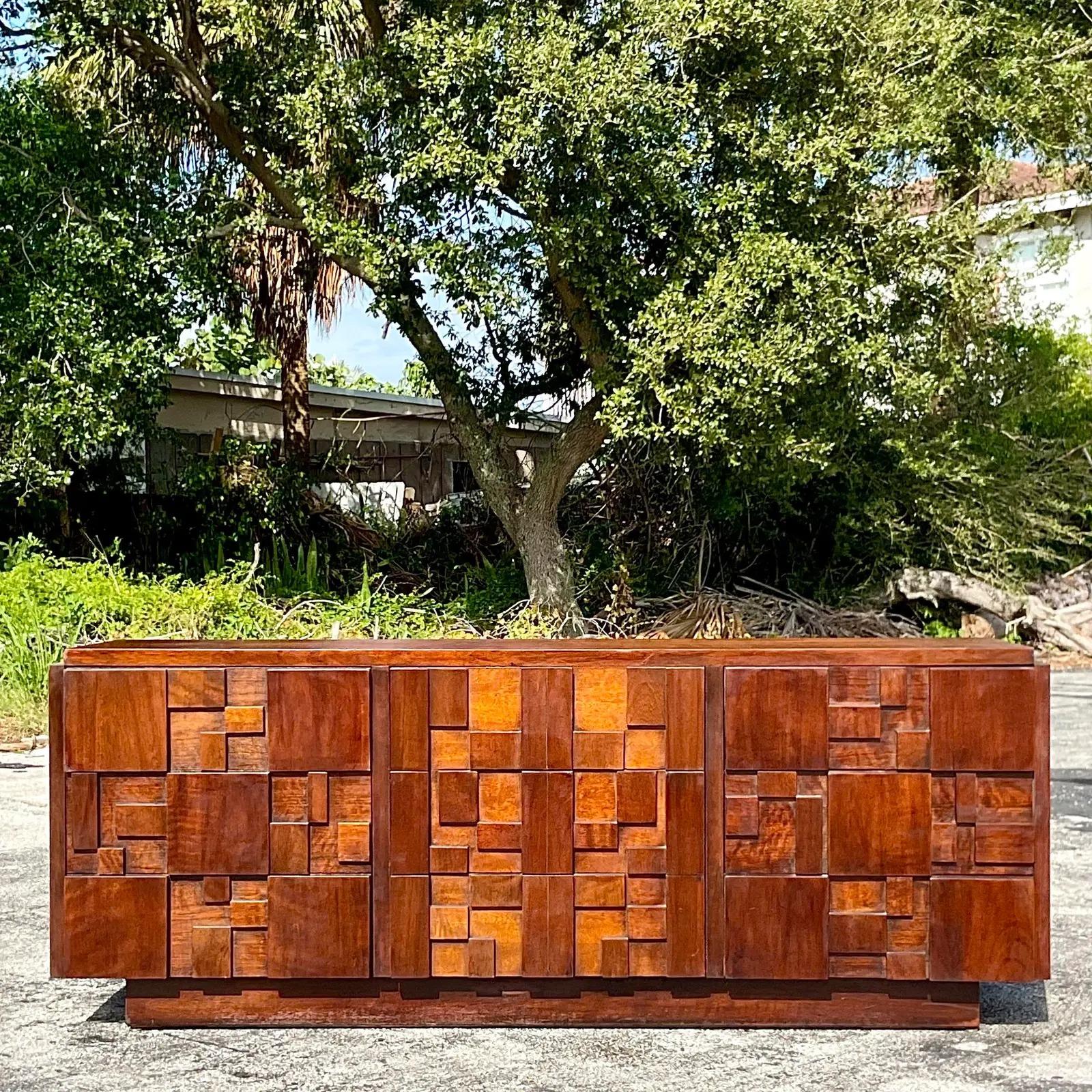 Fantastic vintage 70s Boho lowboy dresser. Made by the iconic Lane Furniture group. Part of their coveted Mosaics collection. Tagged on the drawer inside. Acquired from a Palm Beach estate.