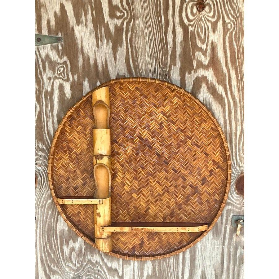 Rustic Vintage Boho Large Woven Rattan and Bamboo Wall Shelf For Sale