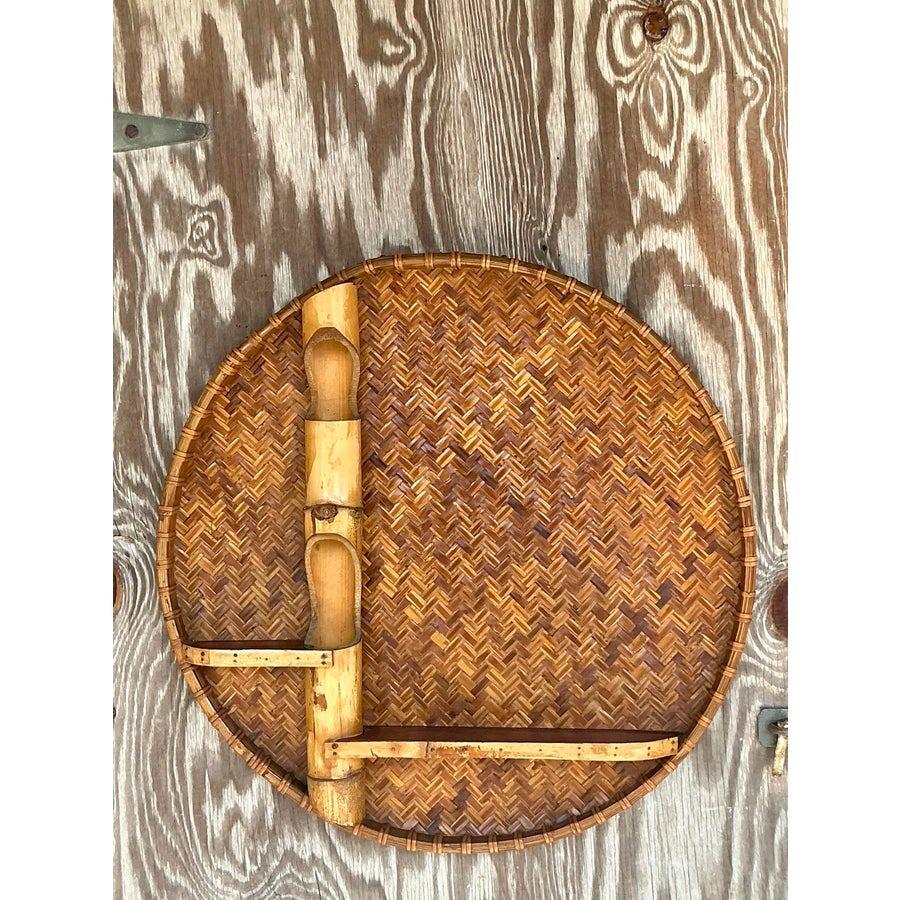 20th Century Vintage Boho Large Woven Rattan and Bamboo Wall Shelf For Sale