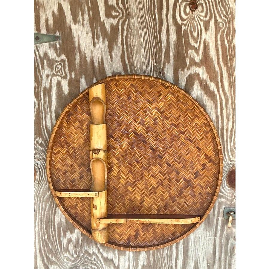 Vintage Boho Large Woven Rattan and Bamboo Wall Shelf For Sale 1