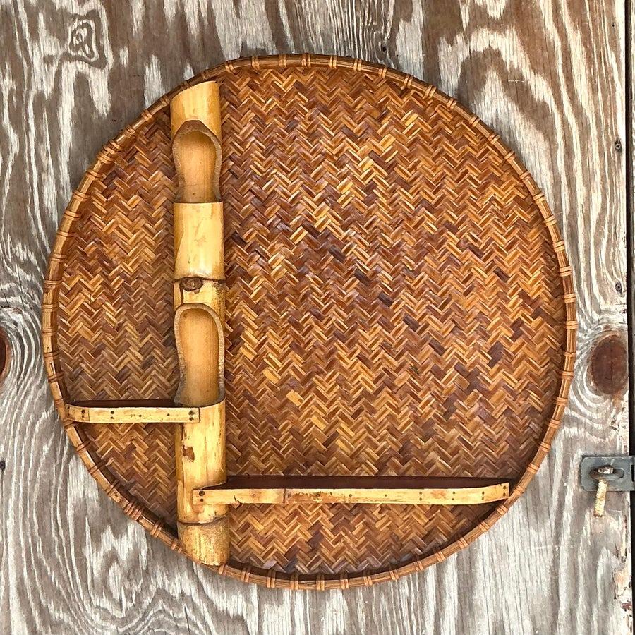 Vintage Boho Large Woven Rattan and Bamboo Wall Shelf For Sale 2