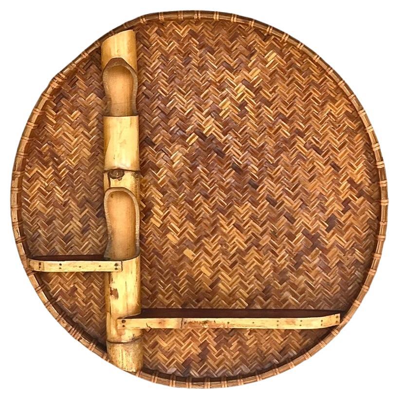 Großes Wandregal aus gewebtem Rattan und Bambus, Boho, Vintage