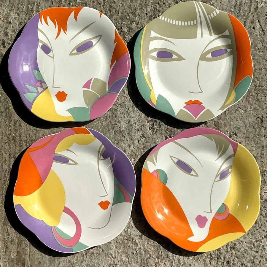Platos de Cerámica Vintage Boho Larry Lazlo Face - Set de 4 en Bueno estado para la venta en west palm beach, FL