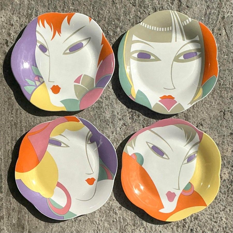 Platos de Cerámica Vintage Boho Larry Lazlo Face - Set de 4 siglo XX en venta