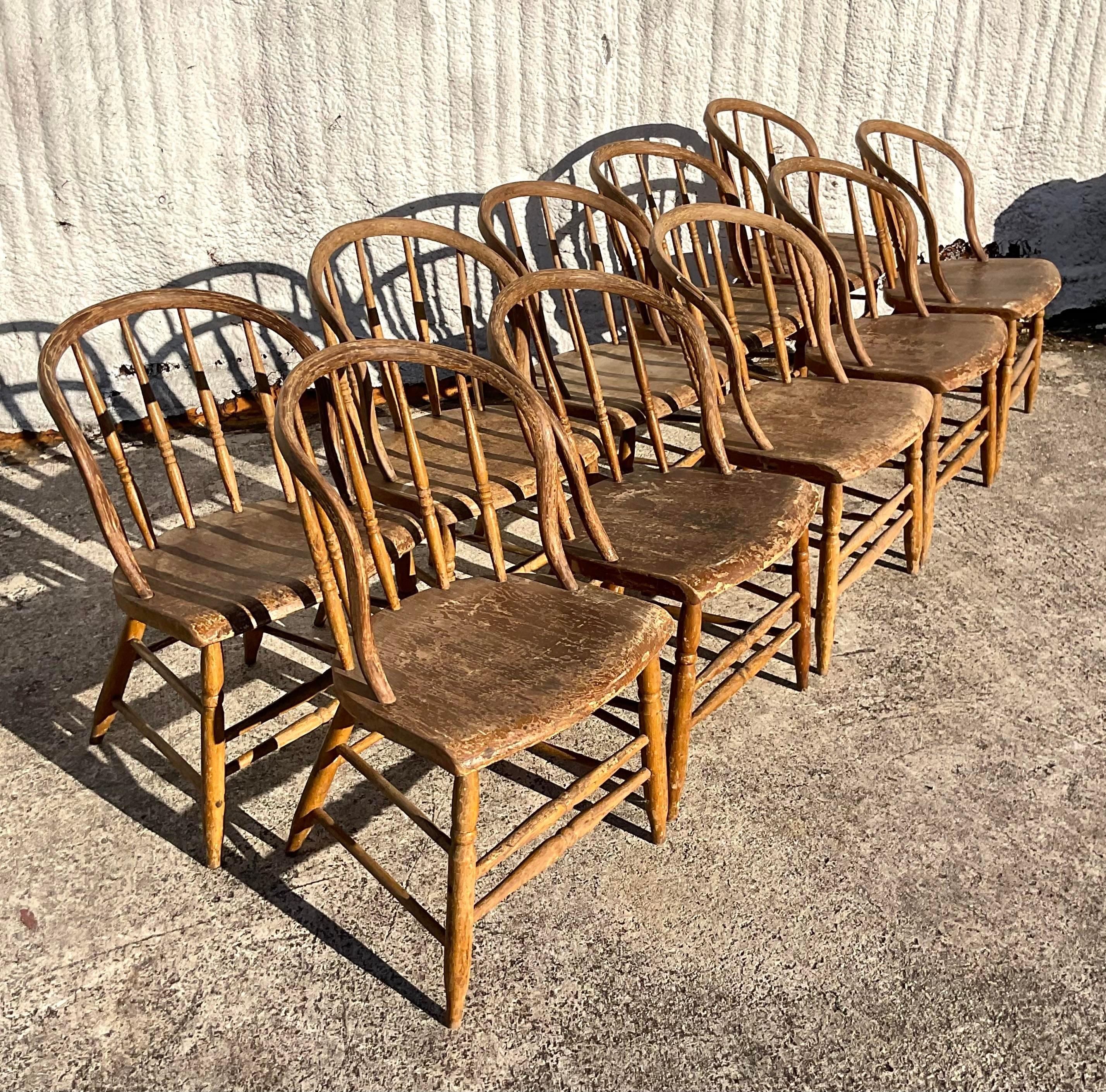 Vintage Boho Late 19th Century Windsor Style Farm House Dining Chairs - Set of10 For Sale 5